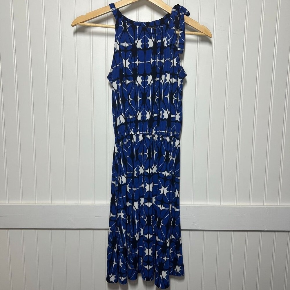Banana Republic Dress Career Abstract Resortwear Blue Geometric Halter XS Preppy